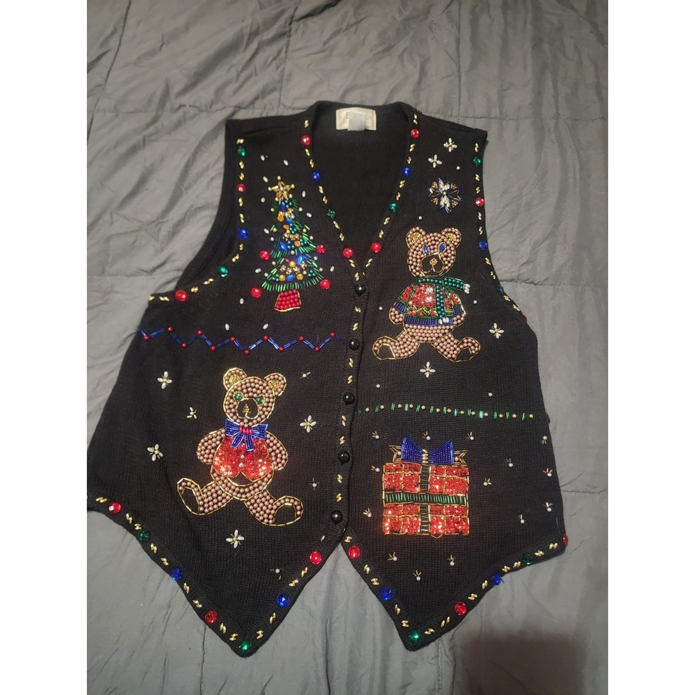 Vintage 1990s Womens Beaded Sequin Embellished Teddy Bear Christmas Sweater Vest